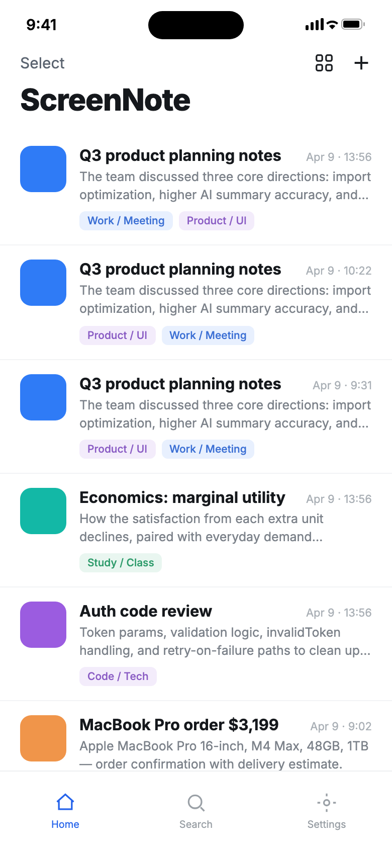 ScreenNote: your screenshots organized into notes with AI titles, summaries and tags, all full-text searchable