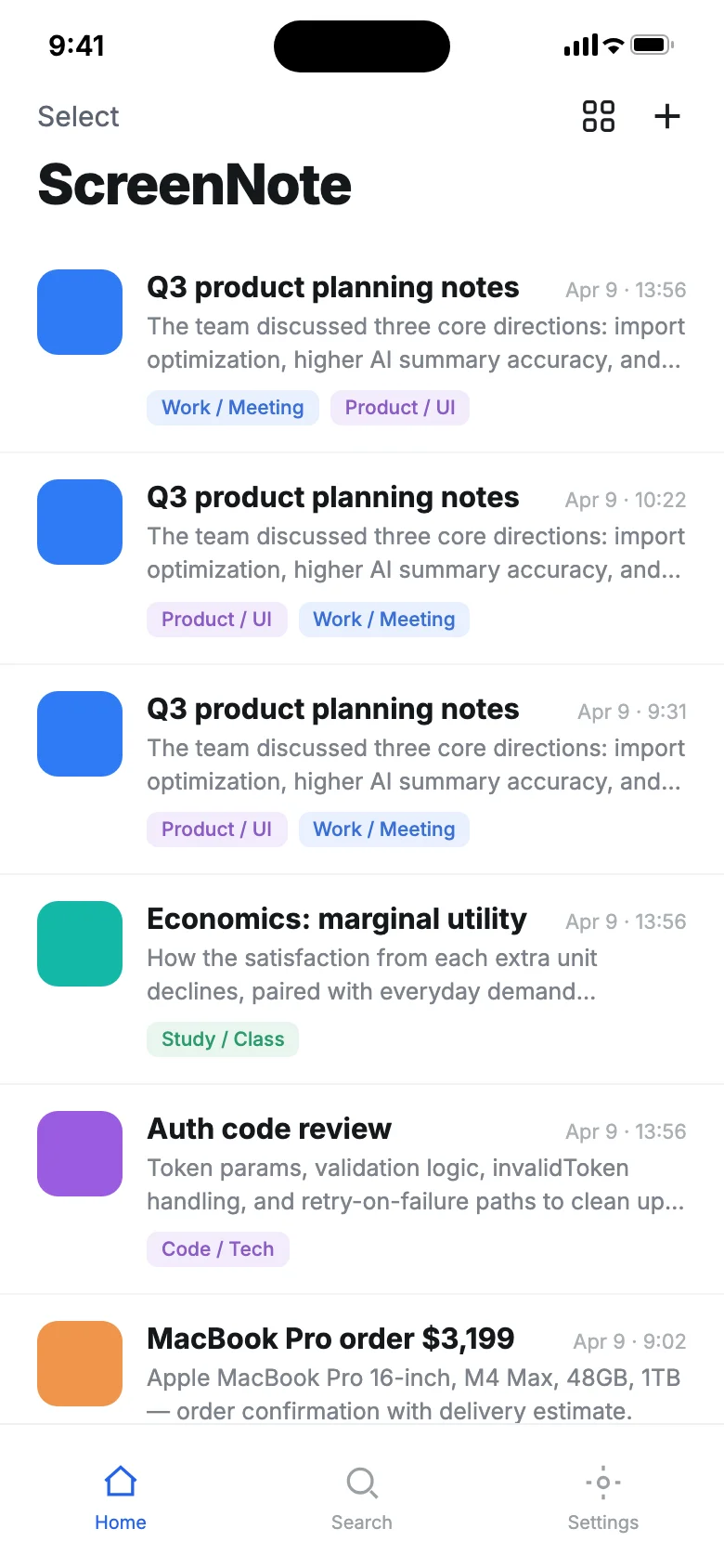 ScreenNote: your screenshots organized into notes with AI titles, summaries and tags, all full-text searchable