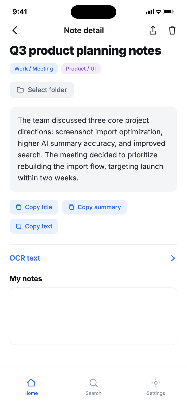 ScreenNote note detail: AI generated a title, summary and tags for this meeting screenshot, keeping the OCR text and your annotations