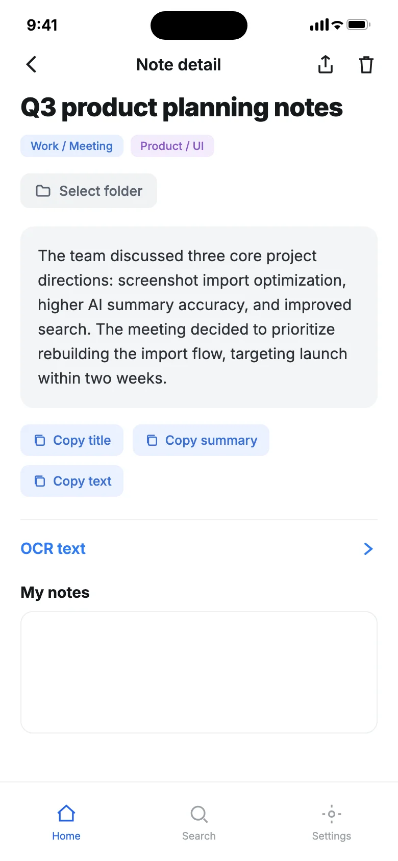 ScreenNote note detail: AI generated a title, summary and tags for this meeting screenshot, keeping the OCR text and your annotations